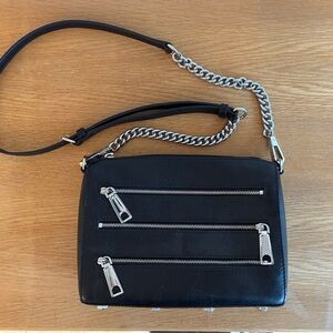 Rebecca Minkoff Black Leather Zipper Moto Crossbody Bag with Silver Accents